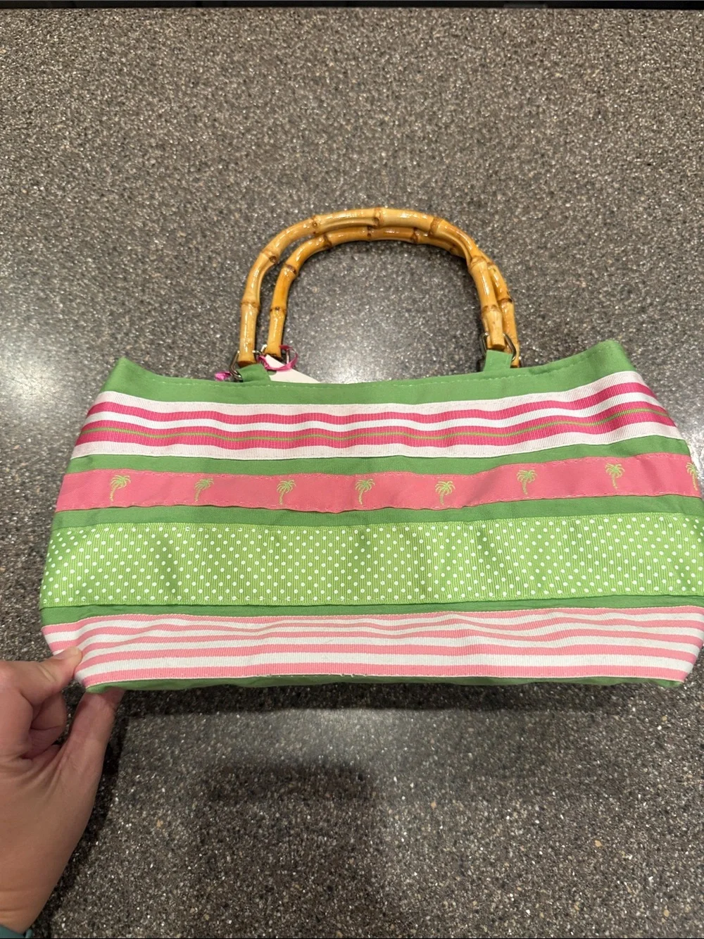 Striped Pink and Green Ribbon Clutch Bag with Bamboo Handles